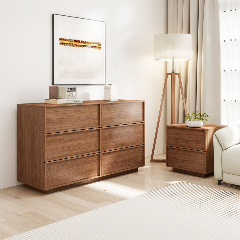 Ensemble de chambre à coucher 3 pièces Abbate (ensemble de commode à 6 tiroirs et de table de chevet à 2 tiroirs), Noyer