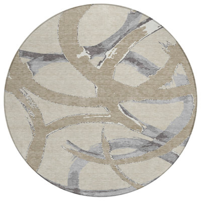 HomeRoots 8' Beige Ivory And Gray Round Abstract Washable Indoor Outdoor Area Rug