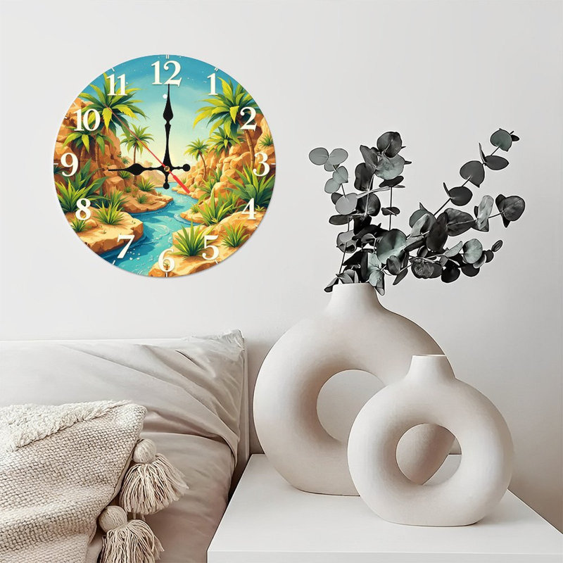 Oasis Wall Clock Palm Trees River Landscape