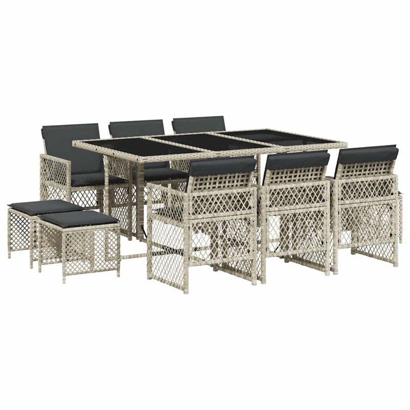 11 Piece Garden Dining Set with Cushions Poly Rattan, Black, Light Grey