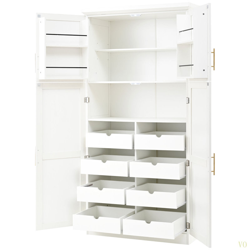 Garde-manger autoportant de 35,5 po x 17,6 po x 70,9 po, armoire de rangement haute avec 4 portes, 2 tablettes de porte, 8 plateaux coulissants et tablette réglable pour la salle à manger