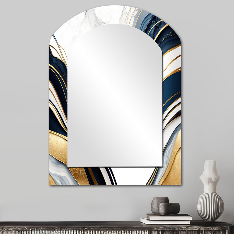 Abstract Geode Waves Blue And Gold III - Abstract Arch Large Wall Mirror, Blue Asymmetrical Decorative Mirror, Printed Metal Art