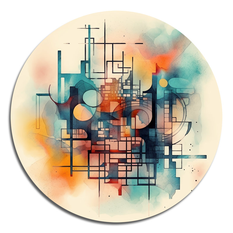 Orange Blue Abstract Maze II - Abstract Geometric Round Wall Art on Metal, 23" H x 23" W x 1" D