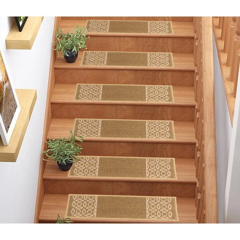 Slip Resistant Machine Washable Chain Border Berber Low Pile Stair Treads, Rectangle 2'1.6" x 8.5", Beige