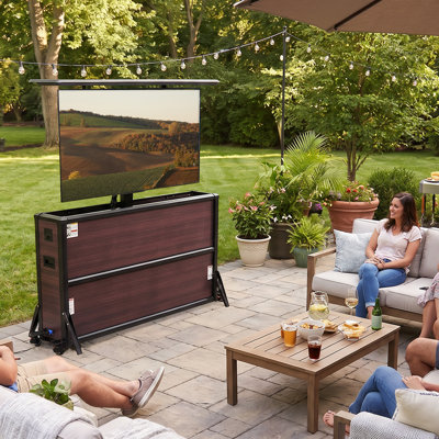55" Outdoor TV Lift Cabinet with Motorized Remote Control, Weatherproof Aluminum Patio TV Stand with Wheels for Small Deck, Balcony & Backyard