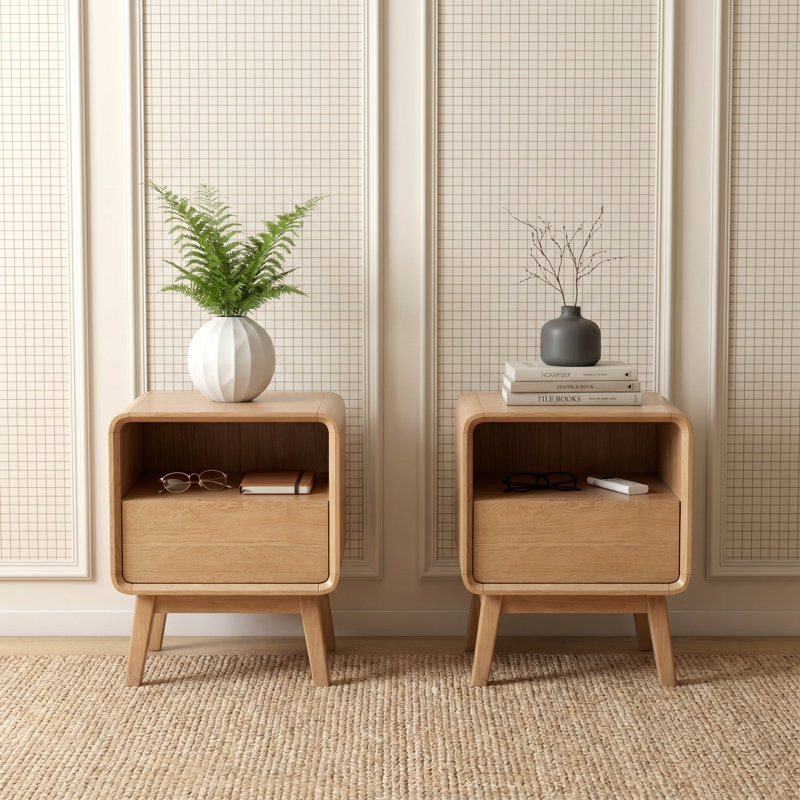 Table de chevet compacte en bois massif avec tiroir et tablette ouverte 20,5 po H MCM - ensemble de 2, Chêne, Ensemble de 2