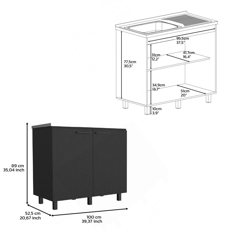 Armoire utilitaire autoportante à 2 portes avec comptoir en acier inoxydable et 2 portes, noir