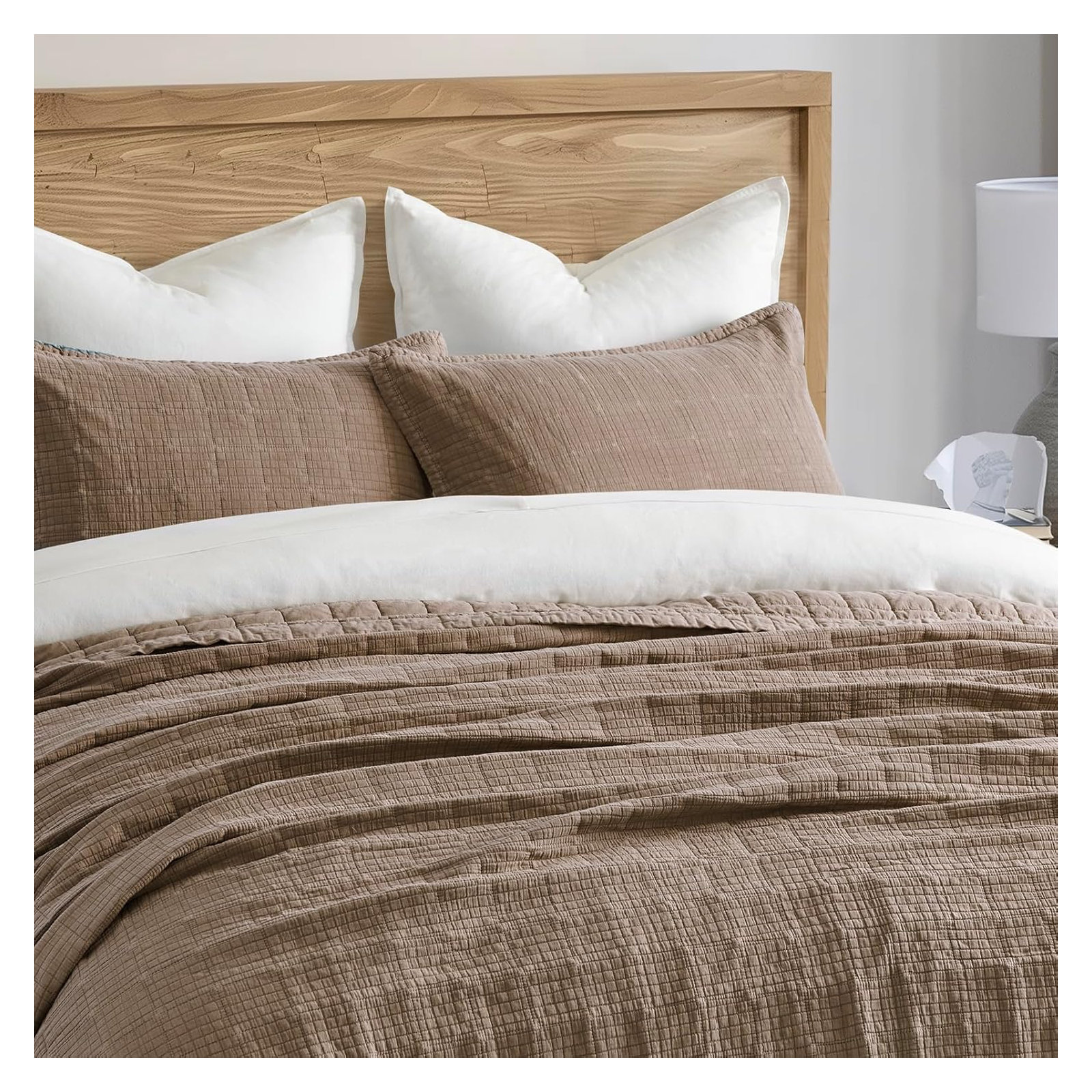 Stonewashed Crinkle Cotton Box Stitch Quilt Set, Mocha Brown, King Quilt + 2 King Shams