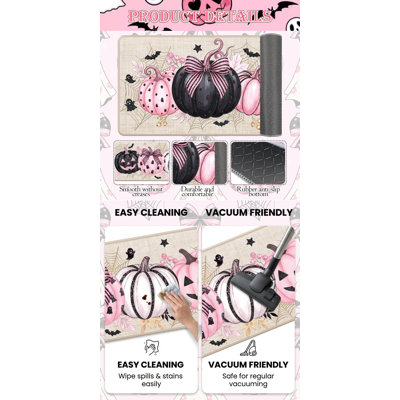 Ensemble de 2 tapis de cuisine Halloween citrouille rose, coussins imperméables et antidérapants