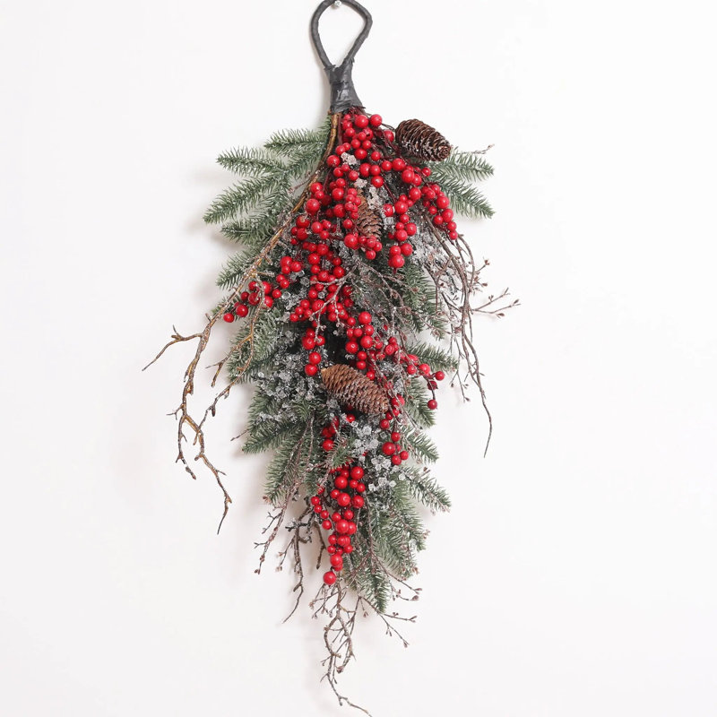 Décoration de Noël festive imperméable avec baies rouges, pommes de pin et brindilles glacées