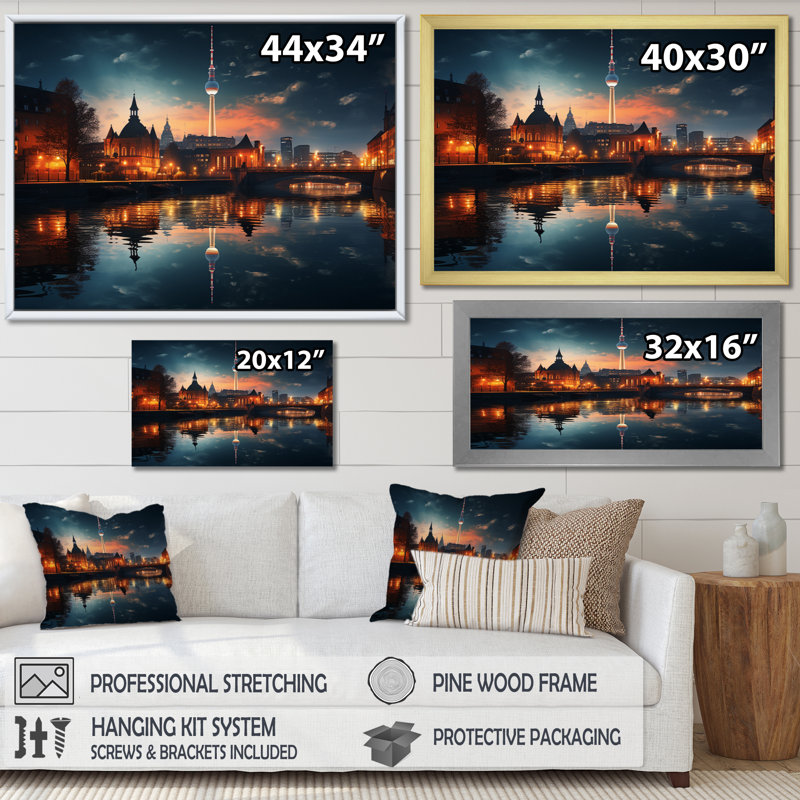 «Berlin Beautiful Cityscape Spot II», reproductions d'art mural de Berlin, H 30 po x l 40 po x P 1,5 po, Cadre flottant noir