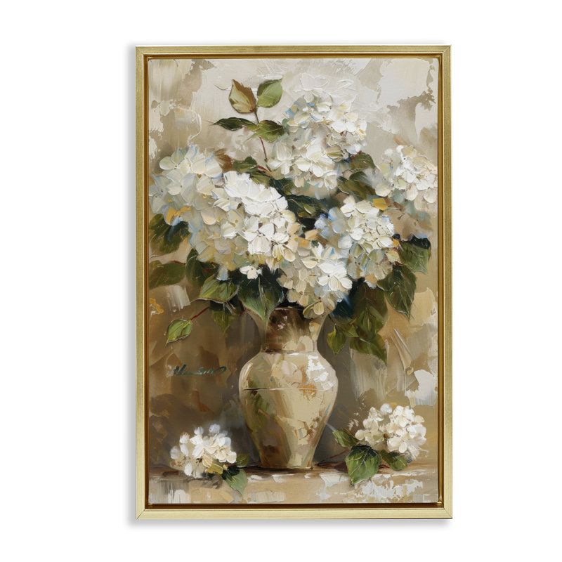  Vintage White Hydrangeas Canvas by LSR Design Studio, H 25 po x l 17 po, Cadre flottant métallique doré