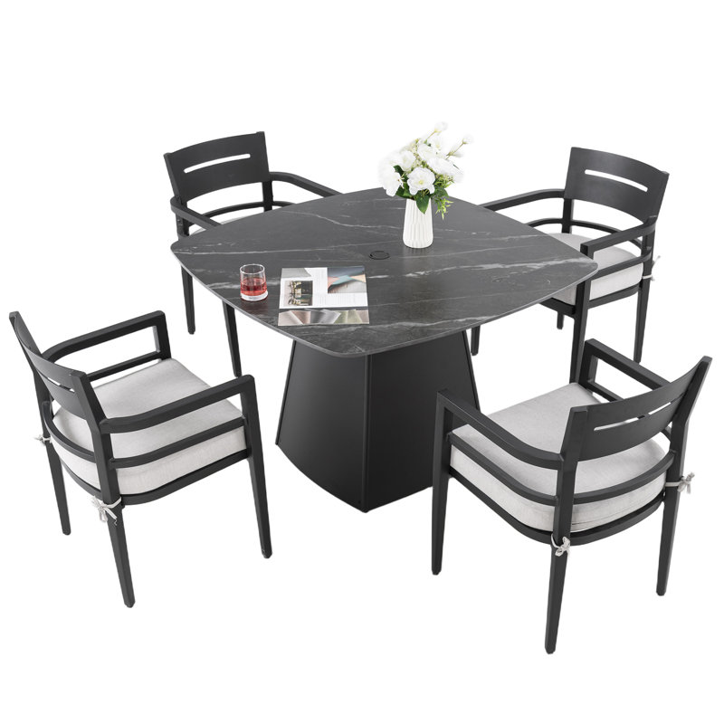 Modern 5 Outdoor Dining , Aluminum, 44" Sintered Stone Table, Ergonomic Armchairs, Weather- Cushions Aluminum Frame, Cushions, Poolside