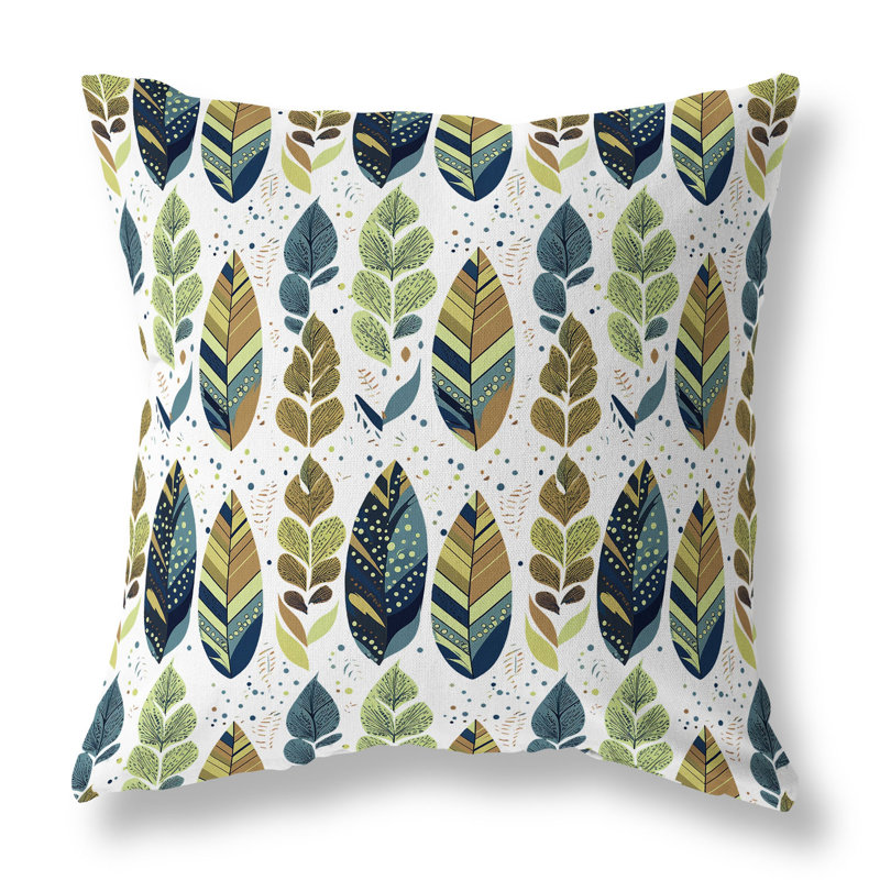 Coussin Tribal Leafy Treasures, Motif floral bleu / vert, H 16 po x l 16 po