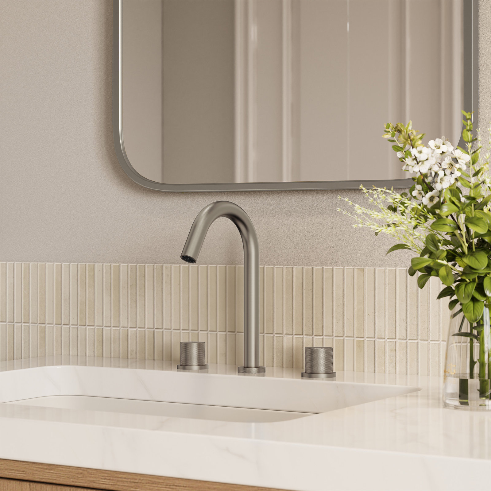 Widespread Bathroom Faucet with Drain, Brushed Nickel
