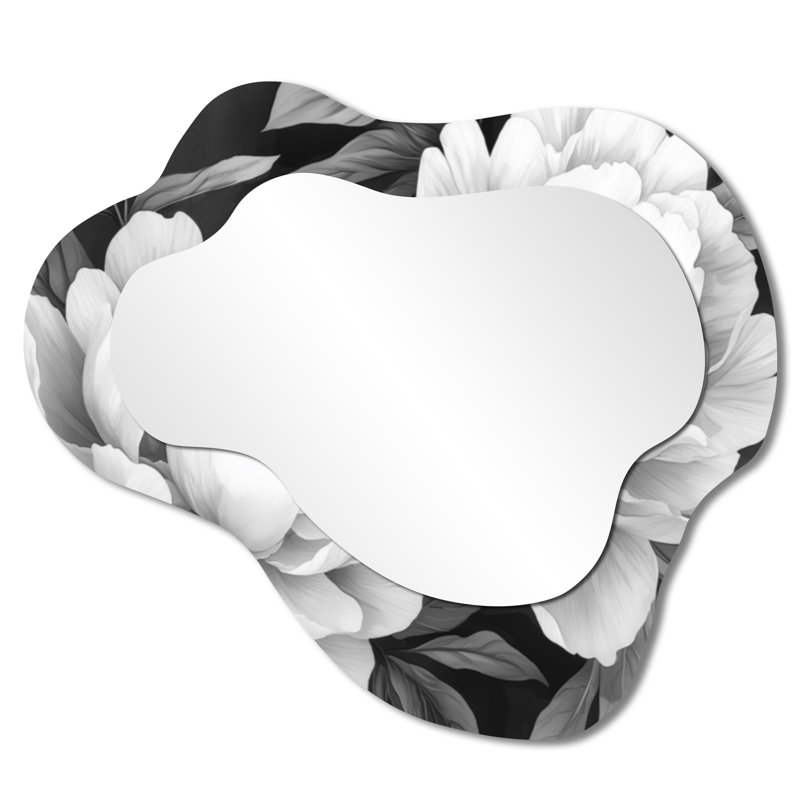 Peonies In Classic Grey I - Peonies Irregular Asymmetrical Mirror, Traditional Wall Mirror, Printed on Metal, 25" x 28"
