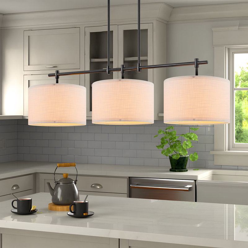 Luminaire suspendu linéaire pour îlot de cuisine à 3 lumières avec abat-jour tambour Konur, Noir mat