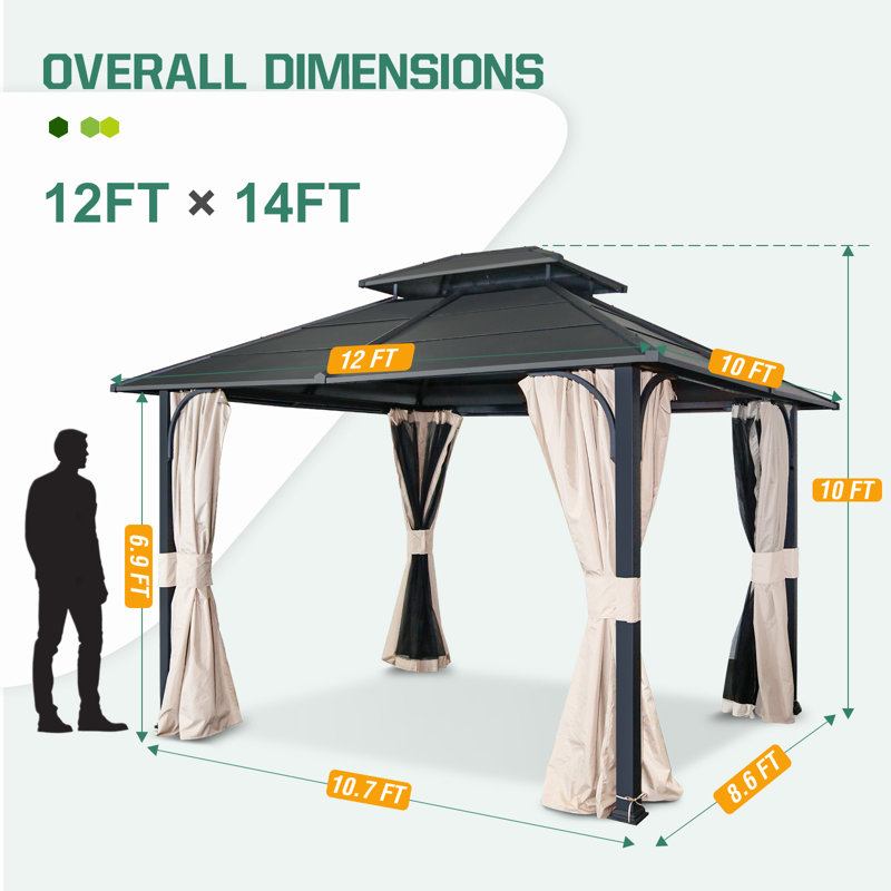 12 Ft. W x 10 Ft. D Metal Gazebo with 4-sided zippered nettings and light beige curtains