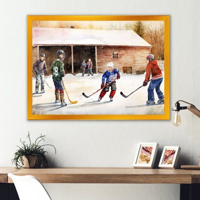 Enfants jouant au hockey sur la patinoire III - Impression sur toile