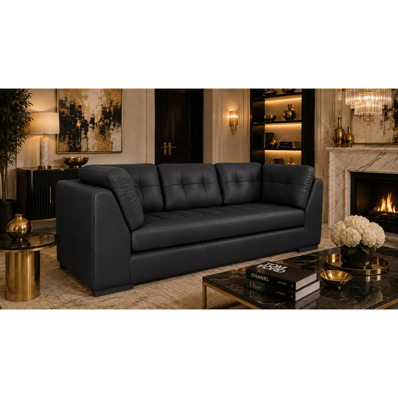 Canapé à accoudoirs en cuir véritable de 100 po Rameek, Black