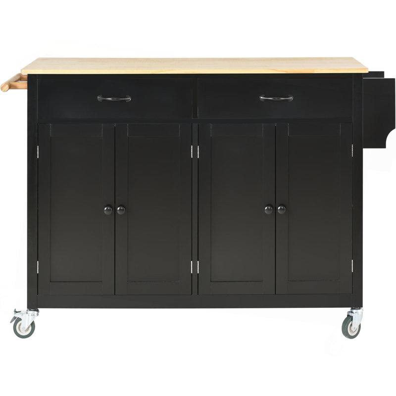 Chariot pour îlot de cuisine avec plateau en bois massif et roues verrouillables, largeur de 54,3 pouces, armoire à 4 portes et deux tiroirs, support à épices, porte-serviettes (noir)