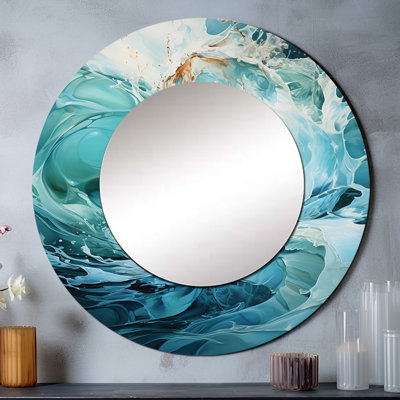 Turquoise bleu et blanc Serenity Swirl - miroir spirales abstraites, miroir mural rond décoratif moderne, art imprimé en métal