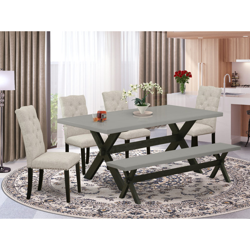 6 Piece Dining Table Set Contains a Rectangle Dining Room Table with X-Legs and 4 Doeskin Linen Fabric Parson Chairs with a Bench, Wire brushed Black