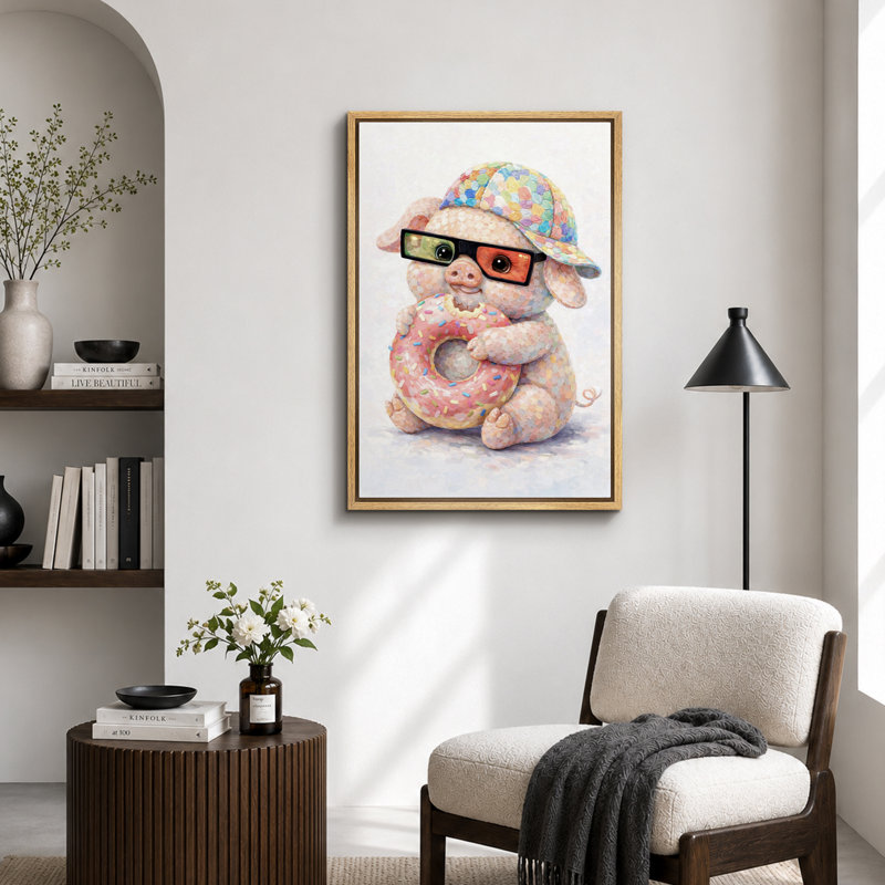 «Cute Pig With Donut», image de chambre d'enfant, impression sur toile encadrée, H 36 po x l 24 po x P 1,5 po, Cadre naturel