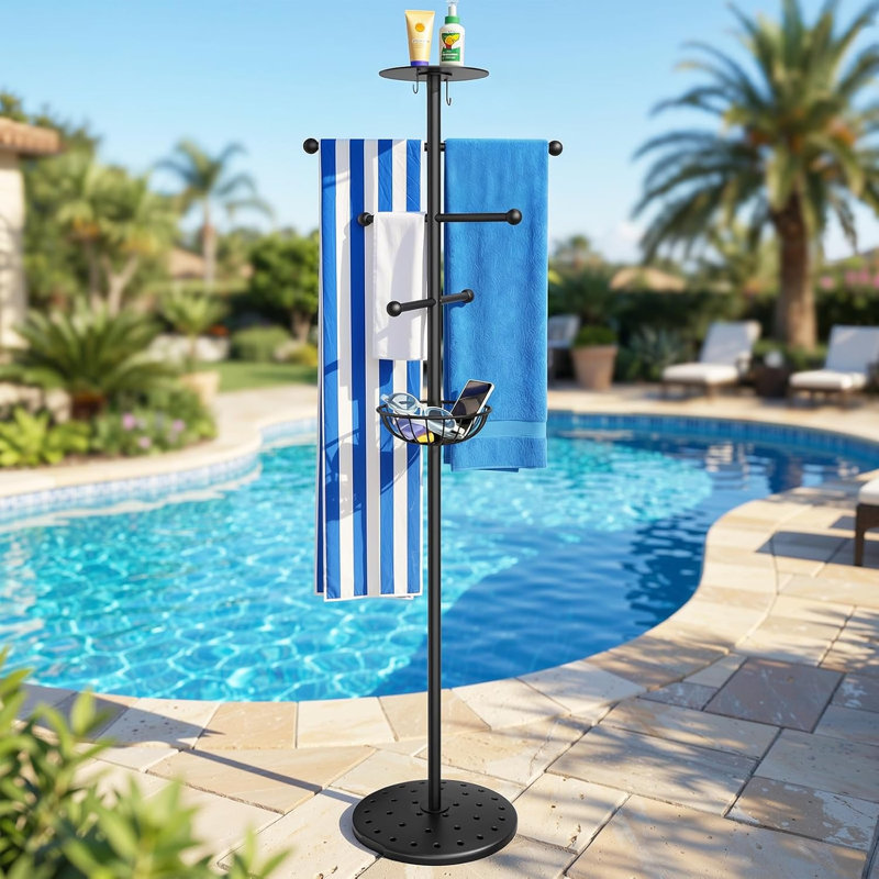Porte-serviettes de piscine extérieur 6 barres, porte-serviettes d'extérieur robuste 63 pouces