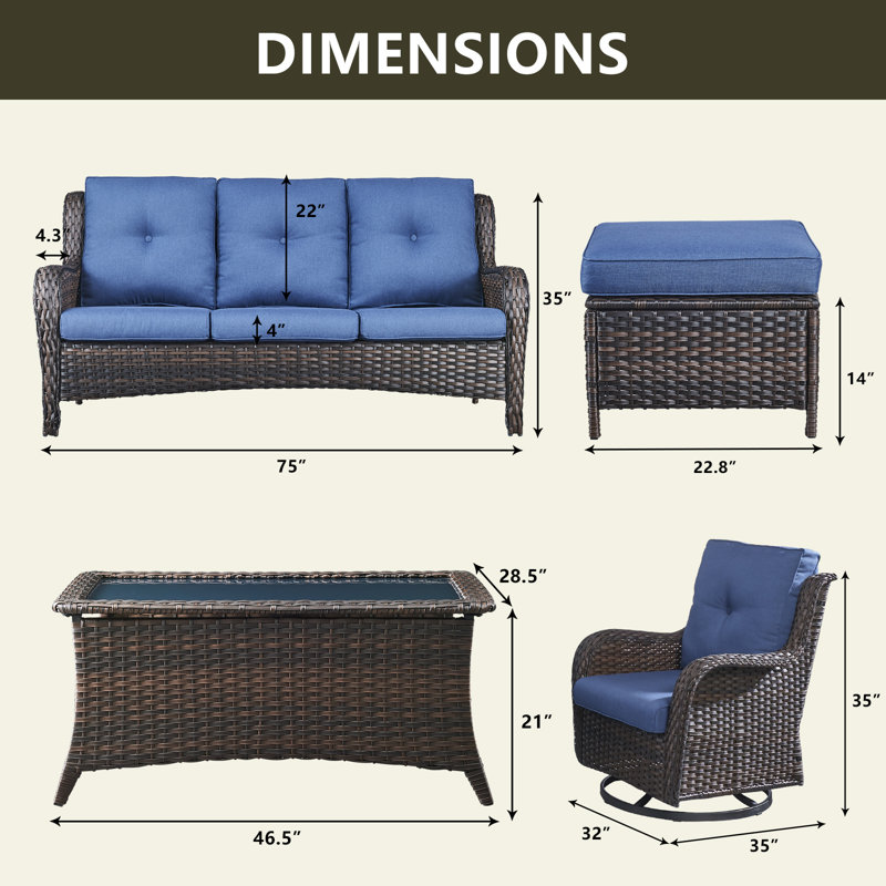 Ensemble de conversation avec canapé en rotin et coussins 6 pièces Karolis, Brun, Bleu
