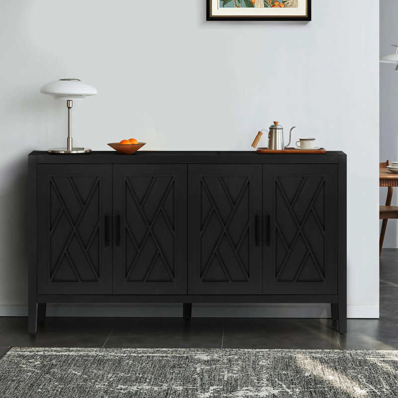 Console 60 pouces avec 4 portes et tablette réglable, noir antique pour le buffet de la chambre à coucher salon antique