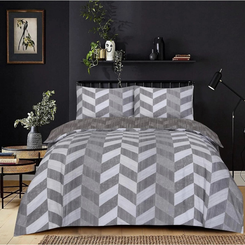 Cotton Chevron Duvet Cover Set, Double Duvet Cover Set + 3 Additional Pieces, Grey Chevron