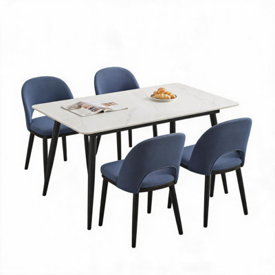 Ensemble de 4 chaises de salle à manger rembourrées en lin moderne, chaises de cuisine ergonomiques à dossier haut avec siège rembourré épais et pieds en bois d'hévéa, capacité de 300 lb pour la salle à manger, le salon et le restaurant, bleu