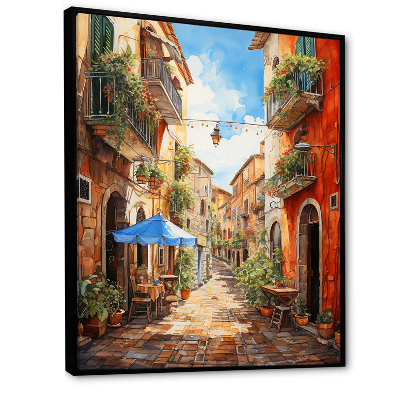 «Italian Village Essence 1», art mural Italie, Cadre flottant noir, H 44 po x l 34 po x P 1,5 po