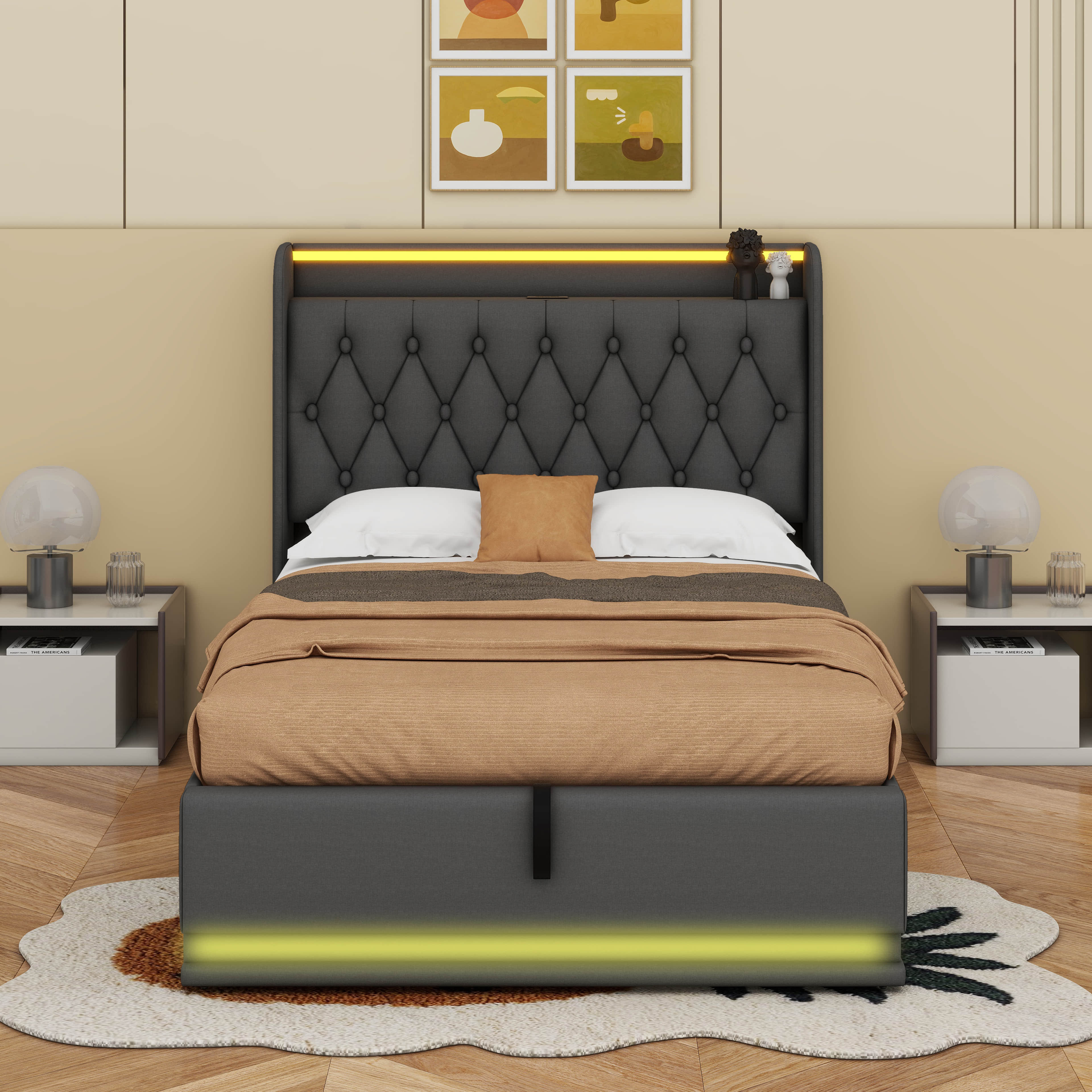 Ivy Bronx Upholstered Bed, 360 Surround LED Function, Buttons/Apps ...