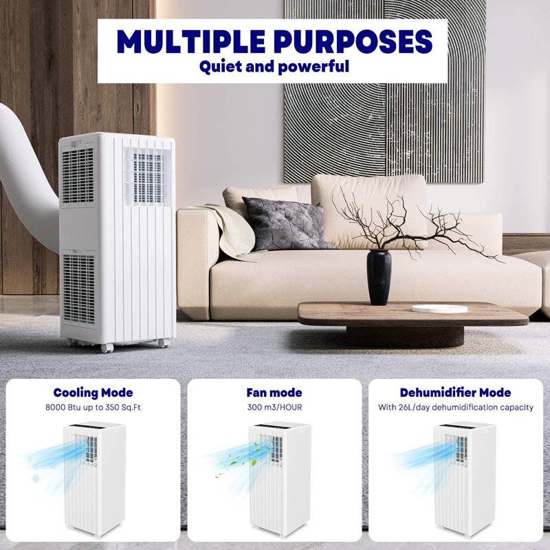Climatiseur portatif 3-en-1 de 8 000 BTU, déshumidificateur de refroidissement et ventilateur à 2 vitesses, affichage à DEL, télécommande et minuterie 24H, climatiseur mobile silencieux avec fenêtre sans perçage pour 350 pieds carrés Ft