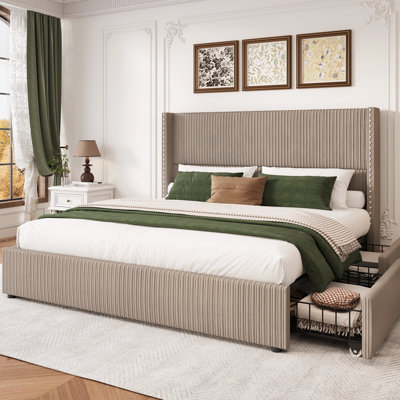 Upholstered Corduroy Bed with 4 Storage Drawers, King Size Platform Bed with Wingback Headboard, Brown