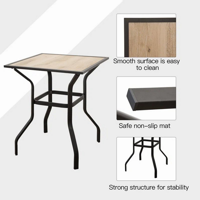 Table de bar d'extérieur carrée en métal avec plateau en bois pour terrasse de jardin (1 table)