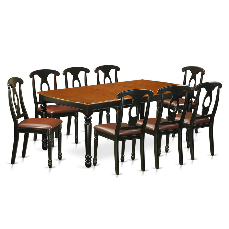 Ensemble de table de salle à manger 9 pièces comprenant une table de salle à manger rectangulaire avec feuille papillon et 8 chaises rembourrées en similicuir de 42 po x 78 po, noir et cerise