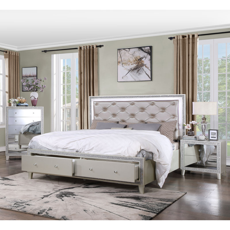 Lit à DEL avec 2 tiroirs et structure en bois Alapaha, Grand, Beige
