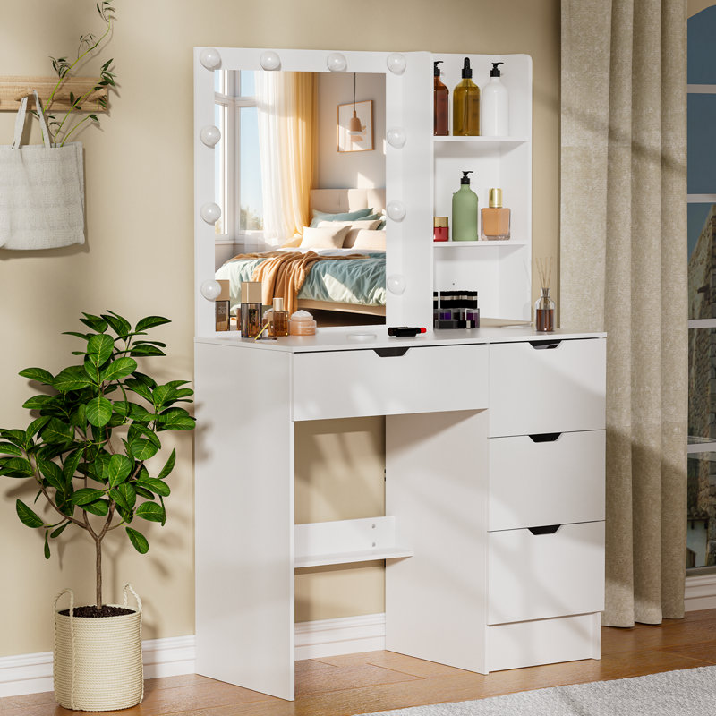 Coiffeuse de maquillage moderne avec miroir lumineux à DEL et table de coiffeuse 4 tiroirs avec 3 modes de couleur