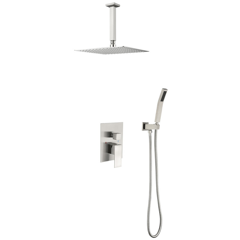 Douche de plafond de 16 po - Système de nickel brossé avec valve, laiton et acier inoxydable, nickel, stimulant pour salle de bain
