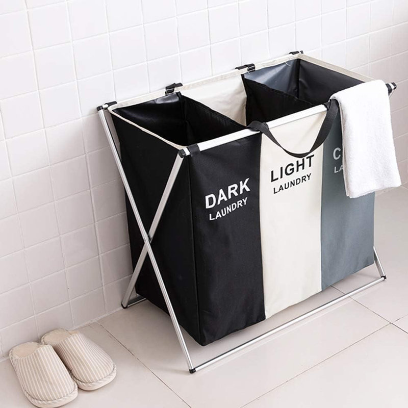 3 Section Laundry Hamper Storage Clothes Basket Foldable Sorter W/aluminum Frame