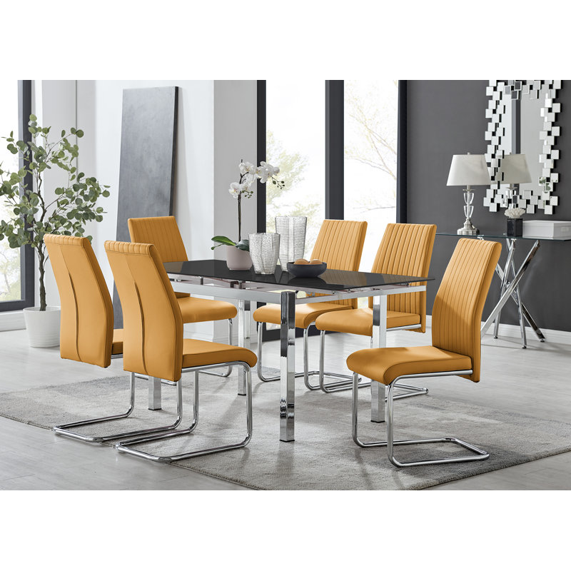 Tierra Modern Glass & Metal Extendable Dining Table Set & 4 Luxury Faux Leather Dining Chairs, Mustard/Silver