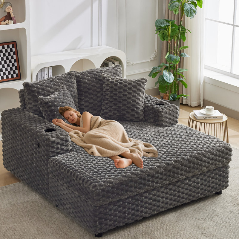 Chaise longue surdimensionnée en velours côtelé de 60 po avec accoudoirs, coussins décoratifs, ports USB et porte-gobelets, grand fauteuil inclinable moderne