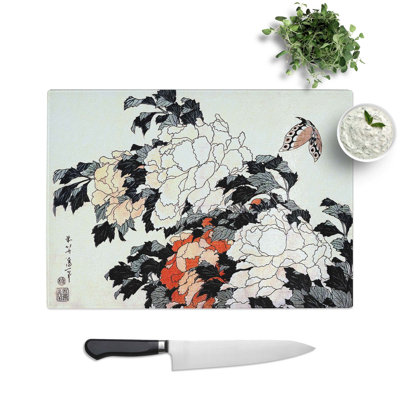 Tempered Glass Peonies and Butterfly by Katsushika Hokusai Chopping Board