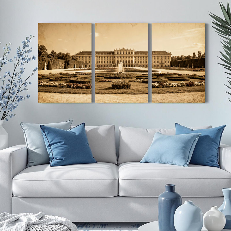 Château de château de Schonbrunn, sépia, impression sur toile tendue sur toile, ensemble de 3, H 30 po x l 60 po