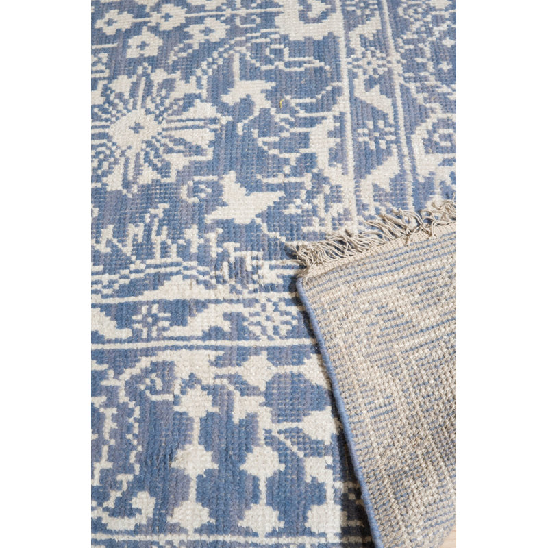 Blue Hand-Knotted Wool Bamboo Silk Framed Floral Garden Geometric Modern Contemporary Carpet Rug, 10' x 14'