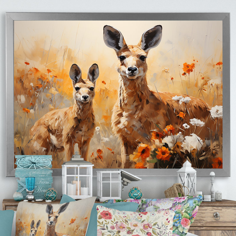 «Kangaroo Golden Blooms Outback» sur toile, Cadre simple argenté, H 24 po x l 32 po x P 1 po