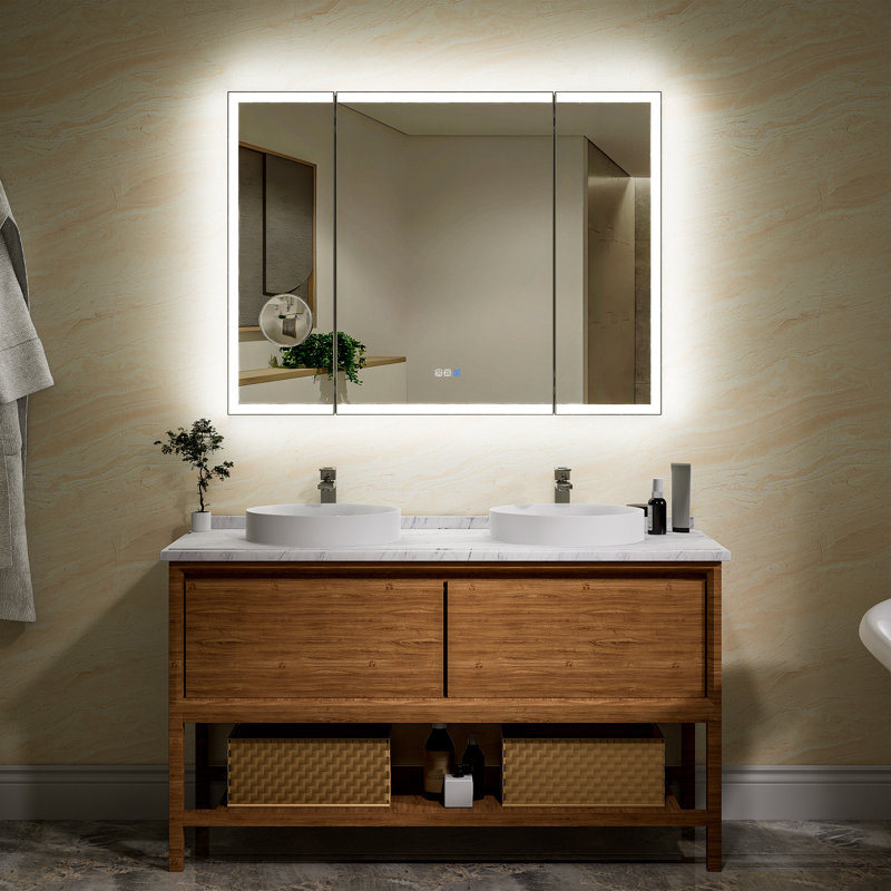 Liyah Led Trifold Backlit & Front-lighted Bathroom Vanity Wall Mirror Dimmable Anti Fog Memory Function, 36" x 48"